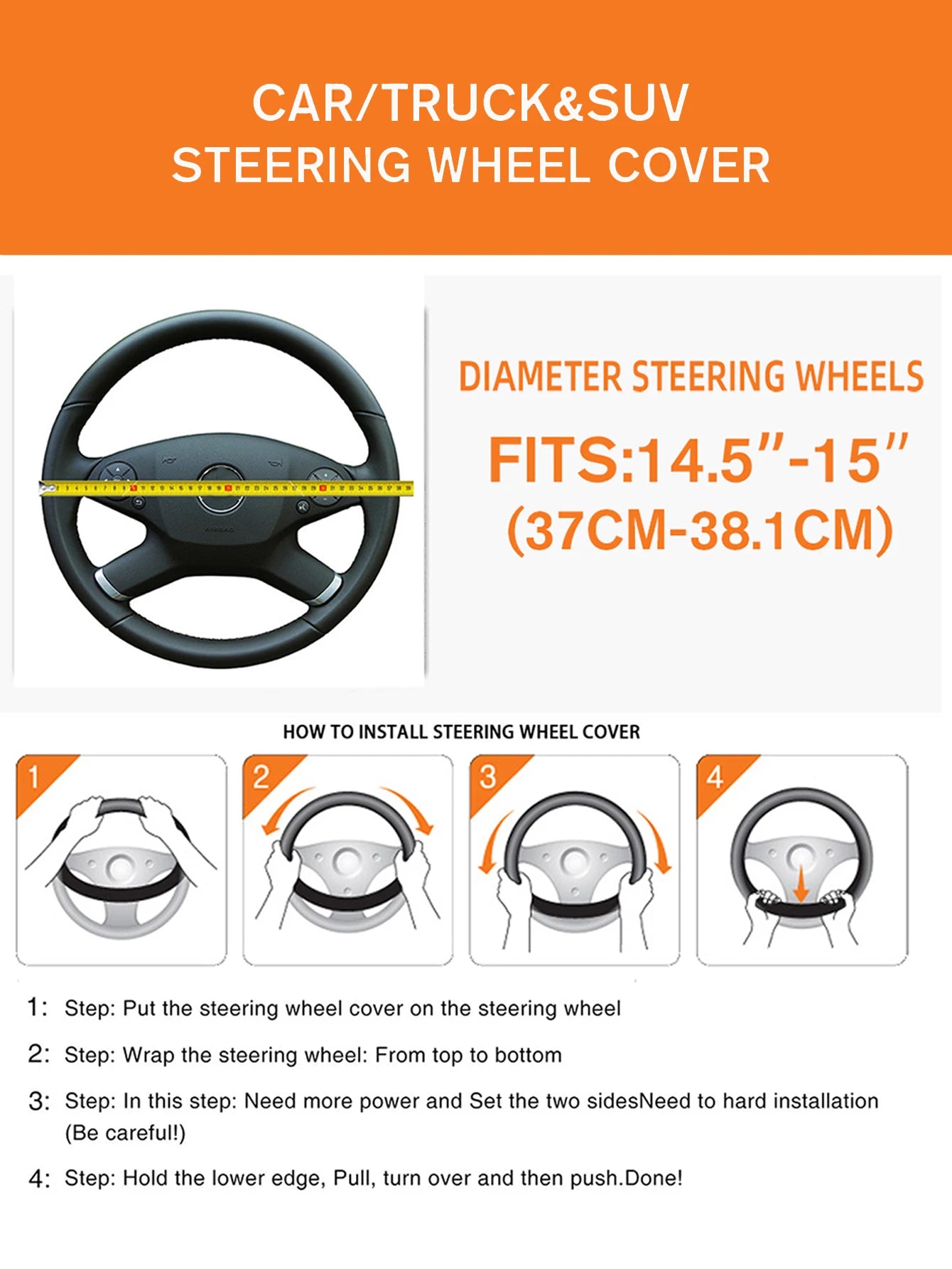 PU Leather Embossed Steering Wheel Cover 14.5–15 Inch