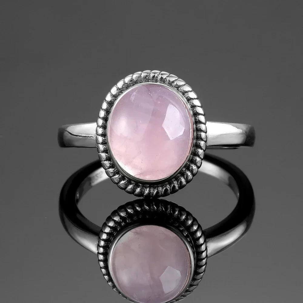 Vintage S925 Sterling Silver Ring Oval Round Natural Rose Quartz Ring Pink Stone Sun Shaped Retro Silver Fine Jewelry For Women