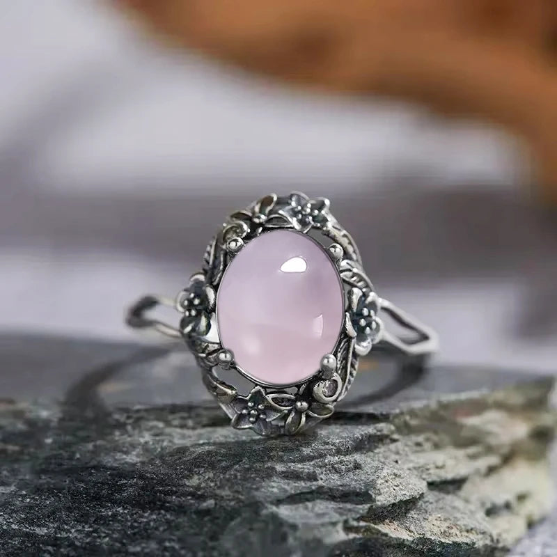 Vintage S925 Sterling Silver Ring Oval Round Natural Rose Quartz Ring Pink Stone Sun Shaped Retro Silver Fine Jewelry For Women