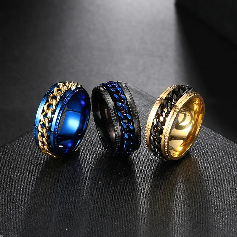 Anxiety Fidget Rings For Men Spining Titanium Stainless Steel Colorfully Spinner Rotatable Chain Jewelry Rotating Rings Men Gift