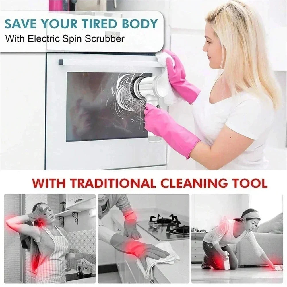 Cordless Electric Spin Scrubber – USB Rechargeable Waterproof Cleaning Brush with 5 Replaceable Heads