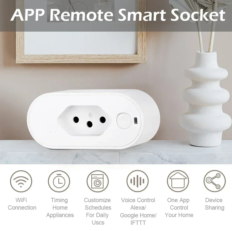 Tuya 16A/20A Brazil Standard WiFi Smart Plug | Power Monitoring & Voice Control