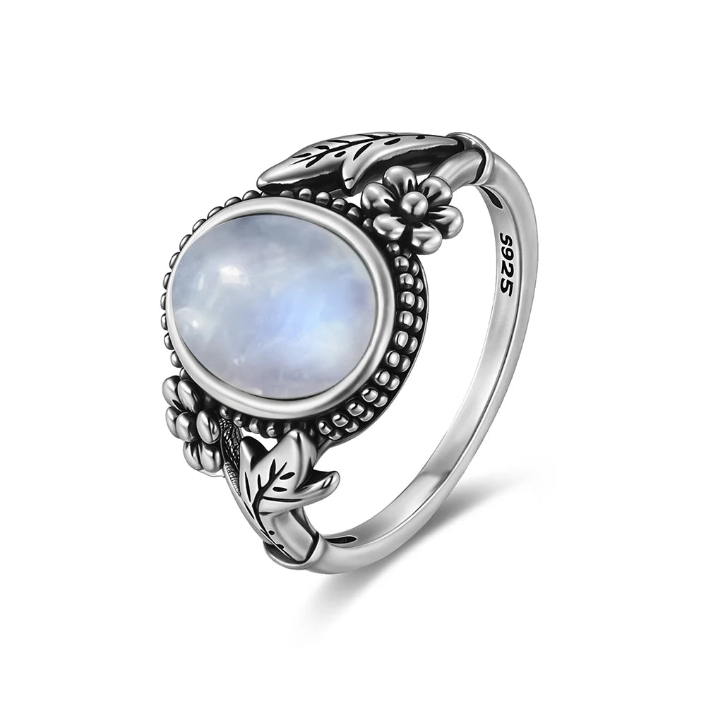 Vintage 925 Silver Ring Natural Moonstone Flower Ring 925 Hollow Eye Shape Round Sun And Moon Ring Fine Jewelry for Women Men