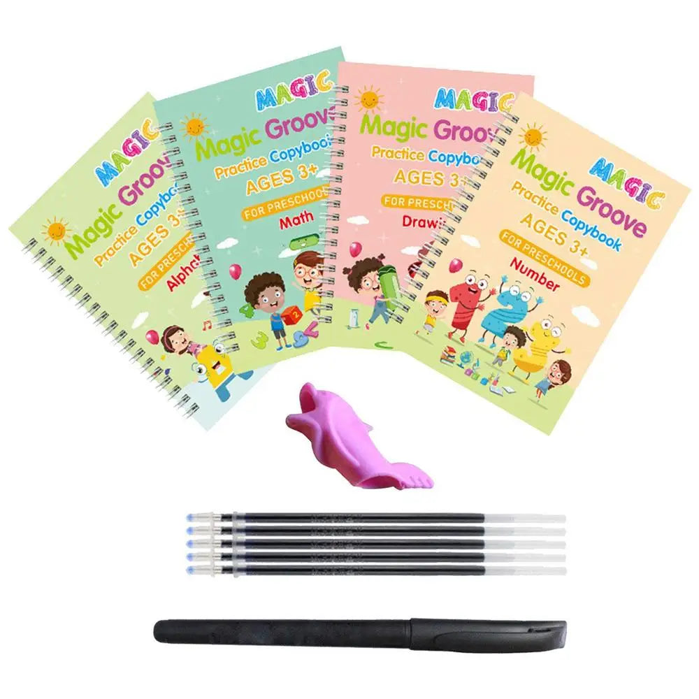 4-Pack Magic Grooved Handwriting Workbooks | Reusable Tracing Set with Pen Aid