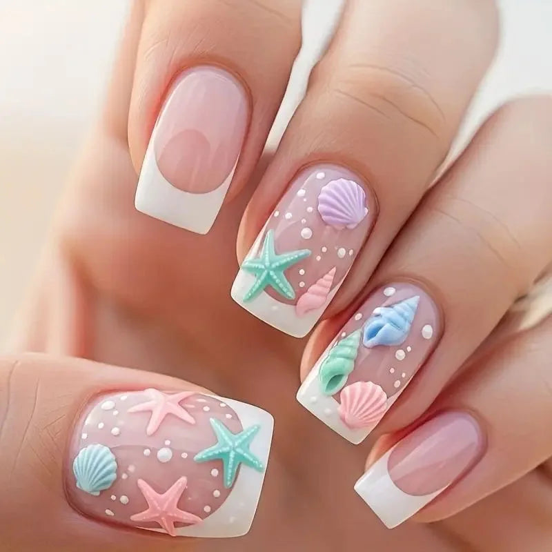 24pcs Simple French Press on Nails Tips Love Stripe Design Short Square False Nails Woman Acrylic Full Cover Nail Art Fake Nail