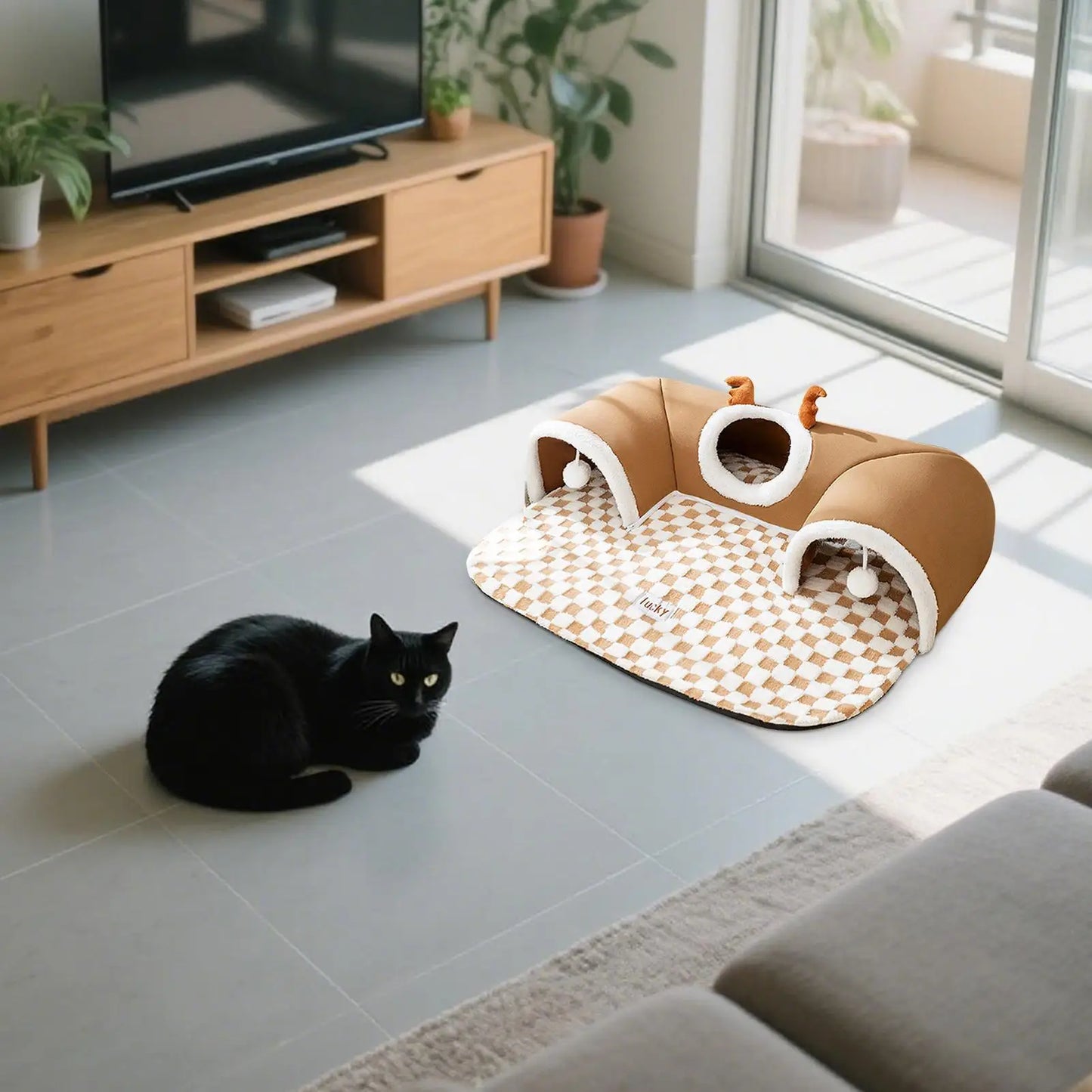 Cat Bed and Play Tunnel Warm House Tent with Plush Mat Indoor Hideaway Corner Shelter Foldable Pet Furniture for Kittens Cats