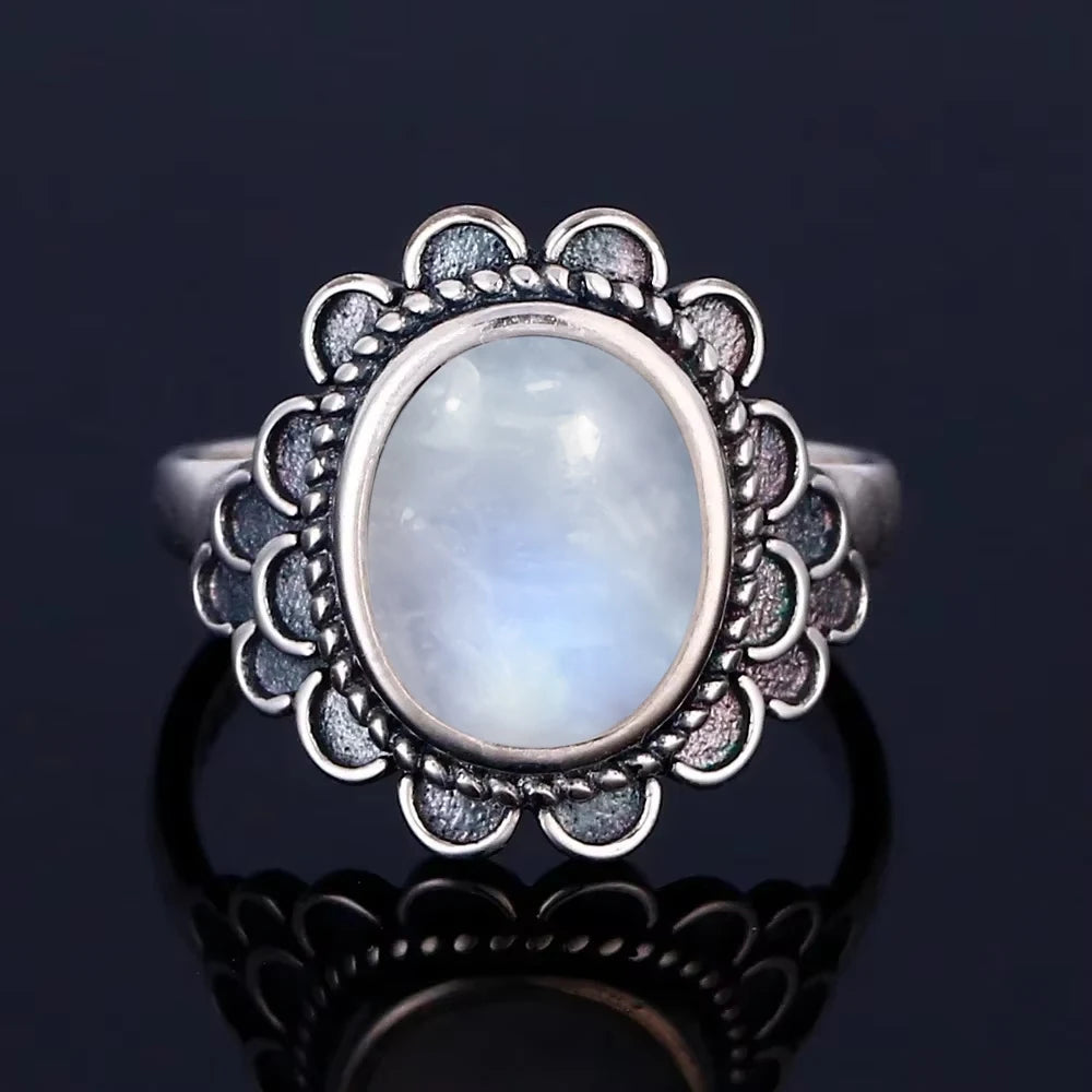 Vintage 925 Silver Ring Natural Moonstone Flower Ring 925 Hollow Eye Shape Round Sun And Moon Ring Fine Jewelry for Women Men