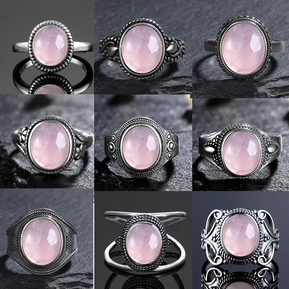 Vintage S925 Sterling Silver Ring Oval Round Natural Rose Quartz Ring Pink Stone Sun Shaped Retro Silver Fine Jewelry For Women