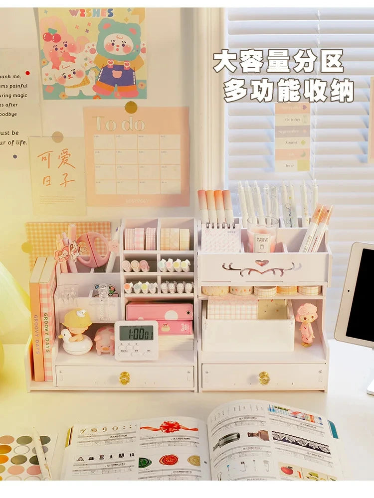 Wooden Desk Organizer with Pen & Book Storage