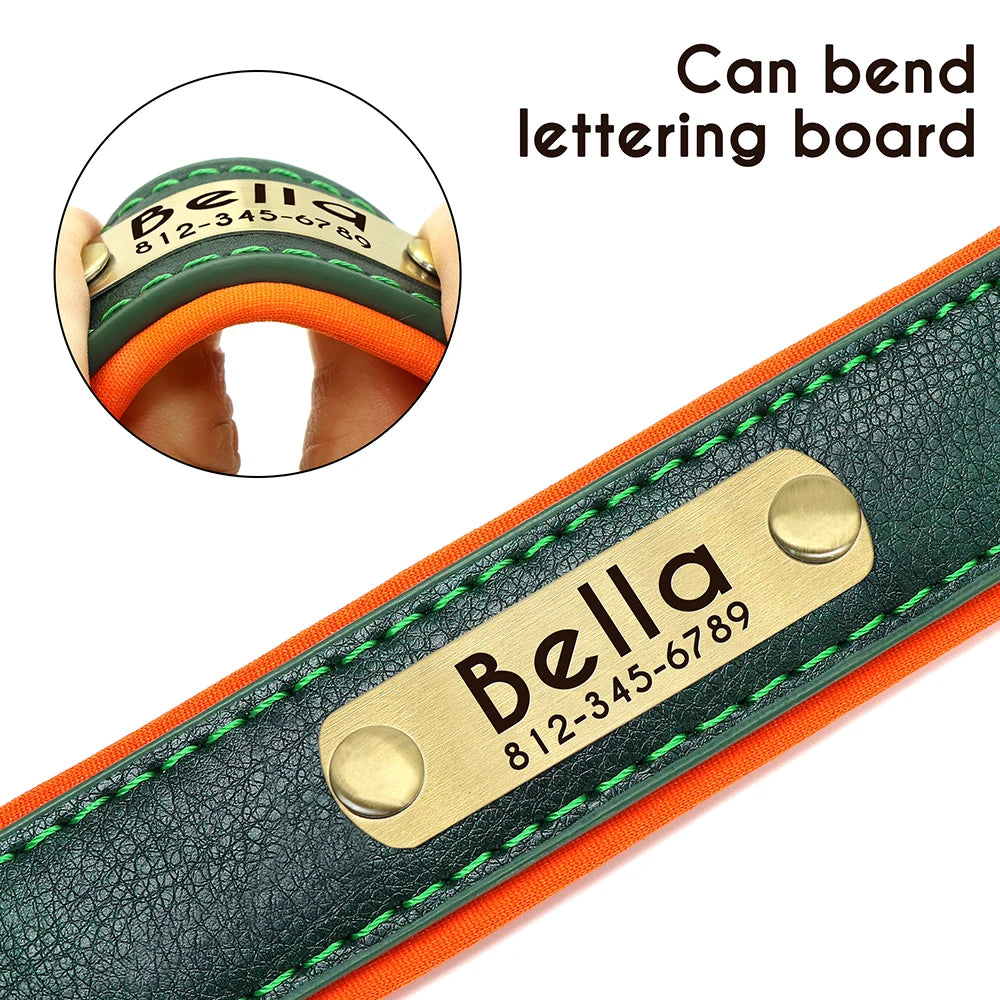Customized PU Leather Dog Collar – Soft Padded Adjustable Name Engraved Collar
