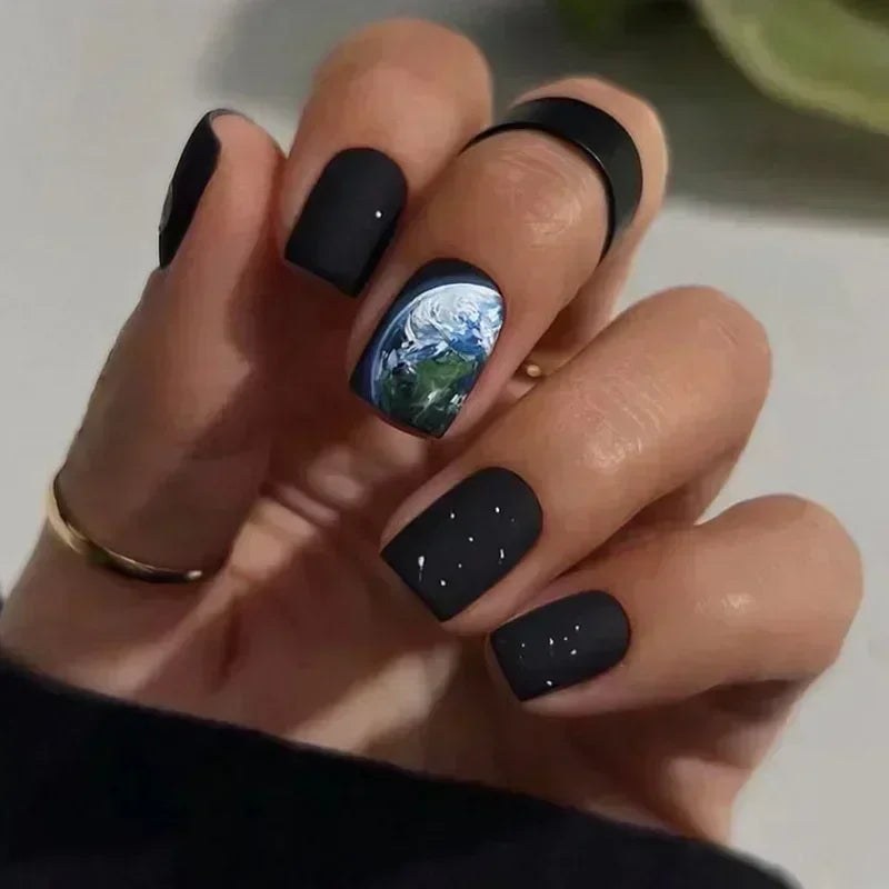 24Pcs Press on Fake Nails Short Square Black Starlit Sky Full Cover Tips