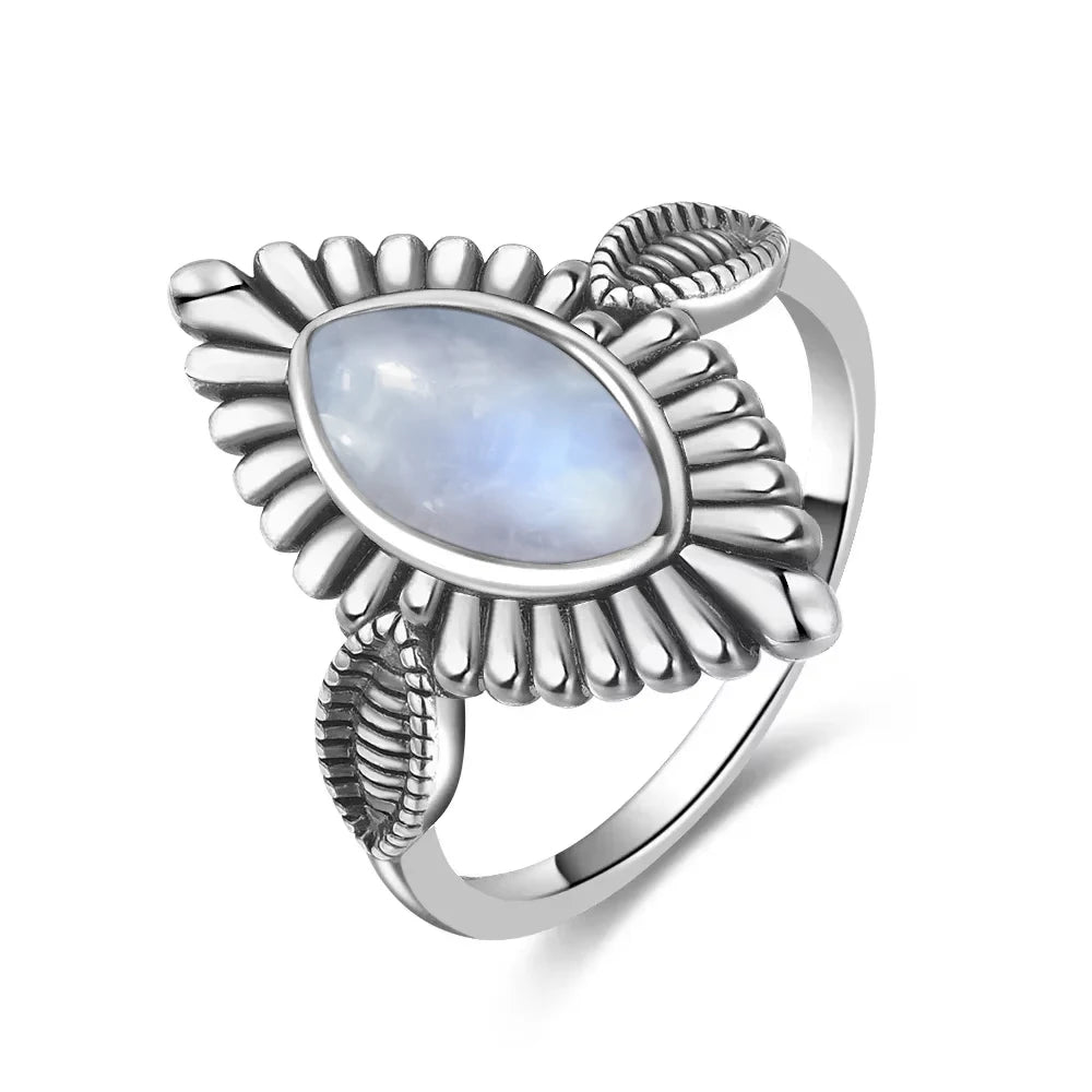 Vintage 925 Silver Ring Natural Moonstone Flower Ring 925 Hollow Eye Shape Round Sun And Moon Ring Fine Jewelry for Women Men