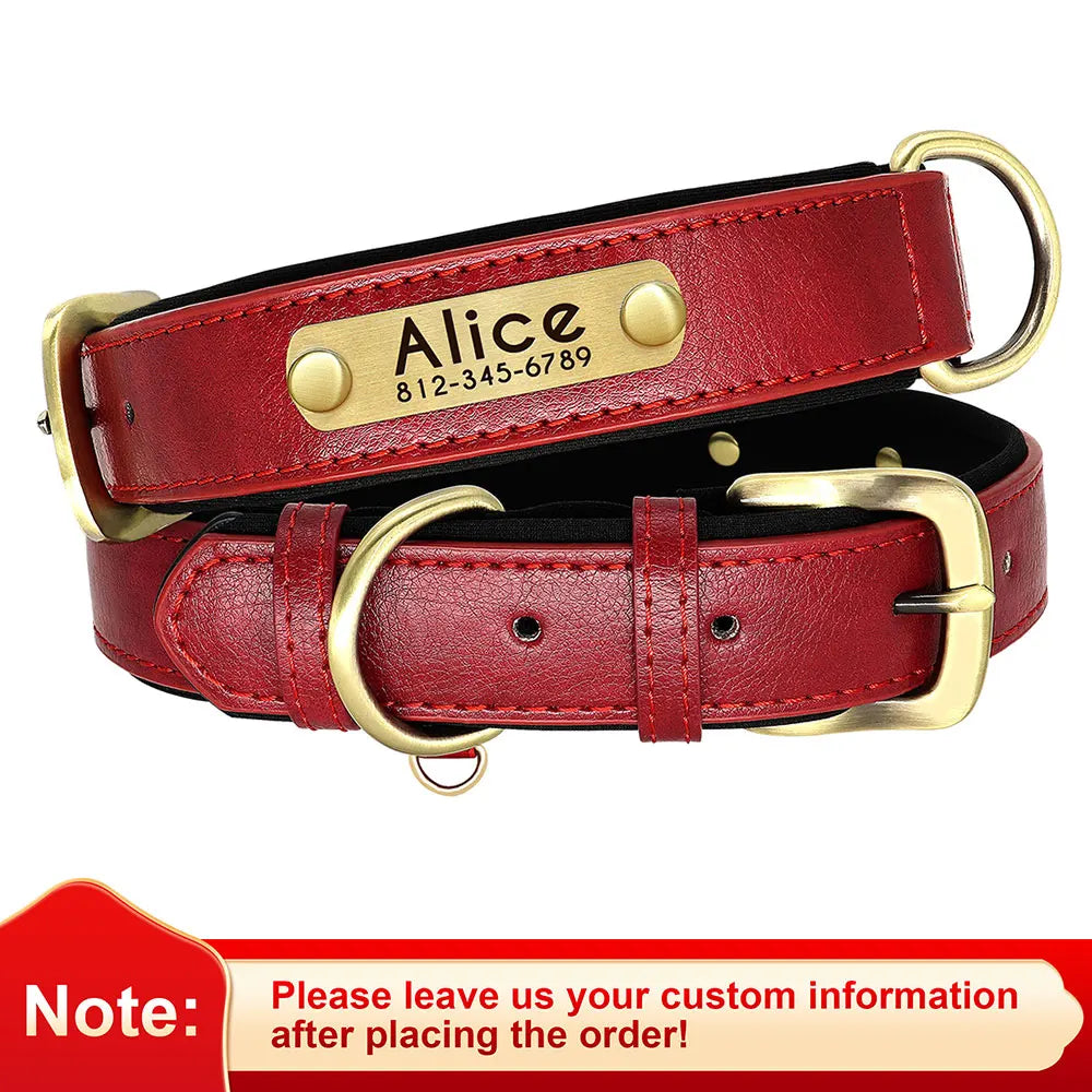 Customized PU Leather Dog Collar – Soft Padded Adjustable Name Engraved Collar