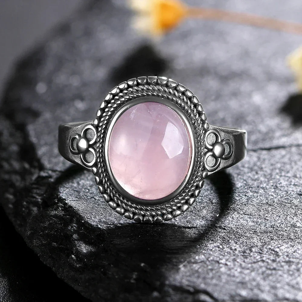 Vintage S925 Sterling Silver Ring Oval Round Natural Rose Quartz Ring Pink Stone Sun Shaped Retro Silver Fine Jewelry For Women