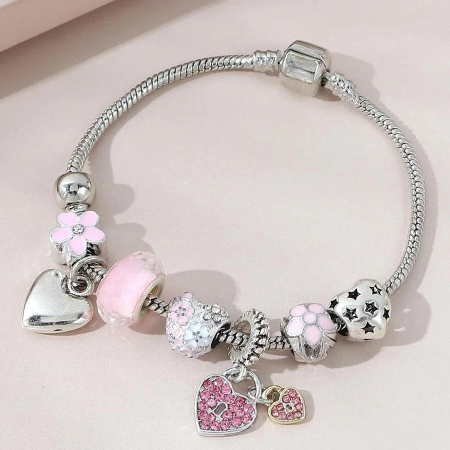 Love Heart Flower Glass Pendant Charm Bracelet Classic Pink White Crystal Stone Adjustable Bead Bracelet Silver Gold Color