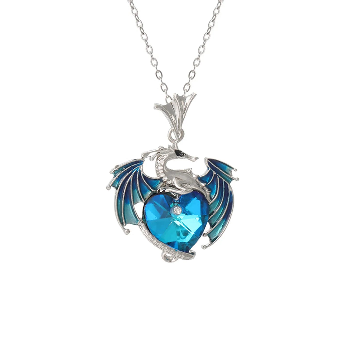 Silver Dragon Heart Rhinestone Pendant Necklace Exquisite Multi-Color Party Jewelry