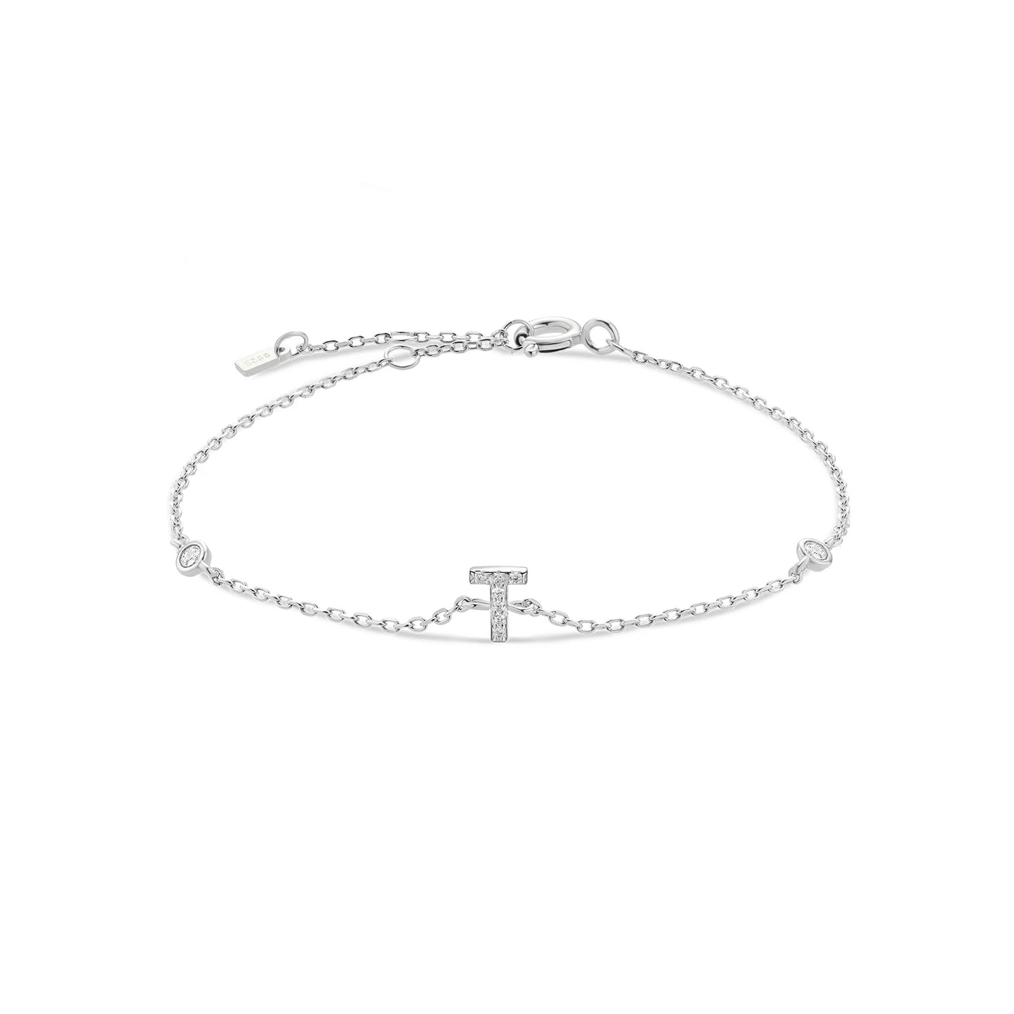 925 Sterling Silver Initial Letter Bracelet Gold CZ Zircon Alphabet Monogram