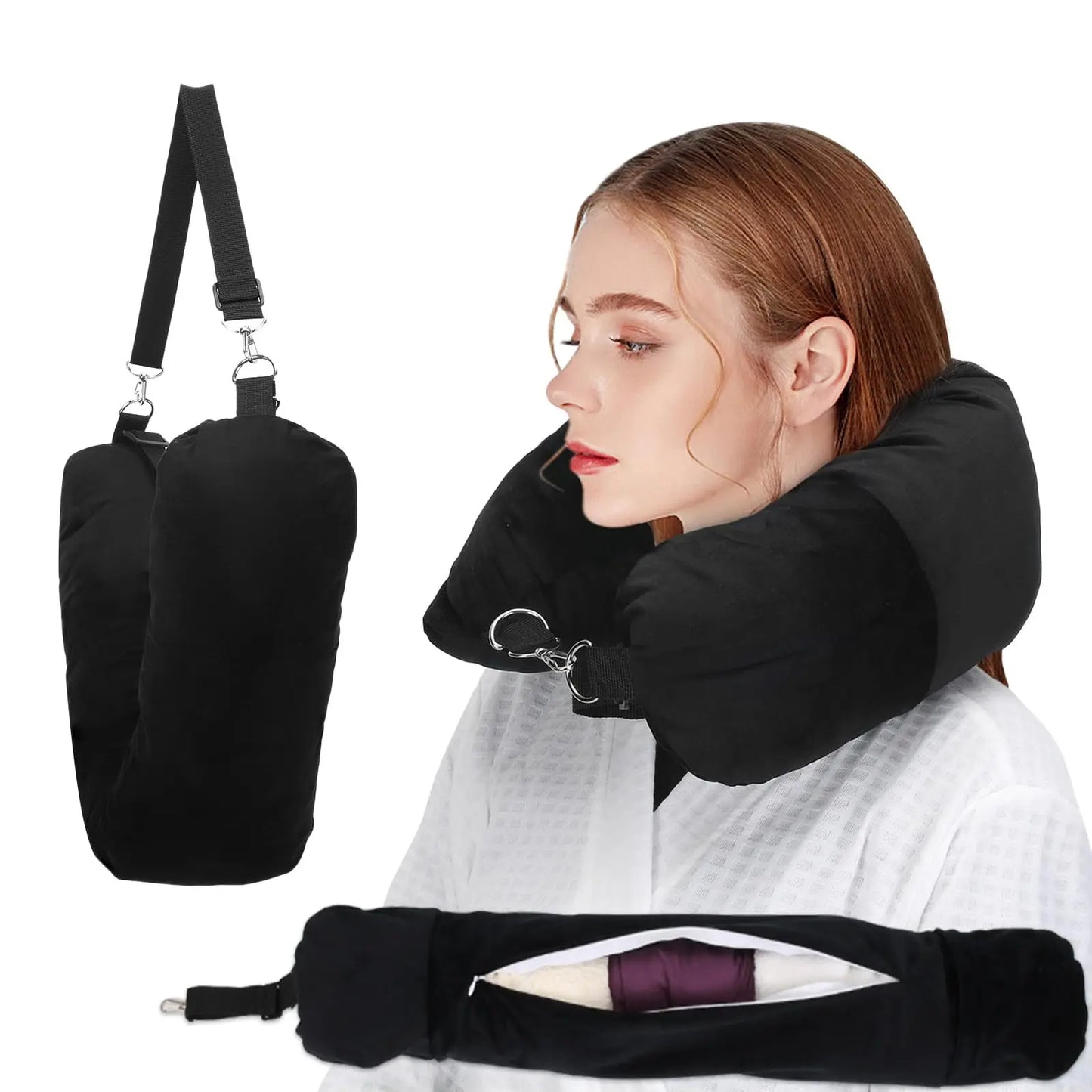 Stuffable Travel Neck Pillow – Clothes Storage Pillow for Flights