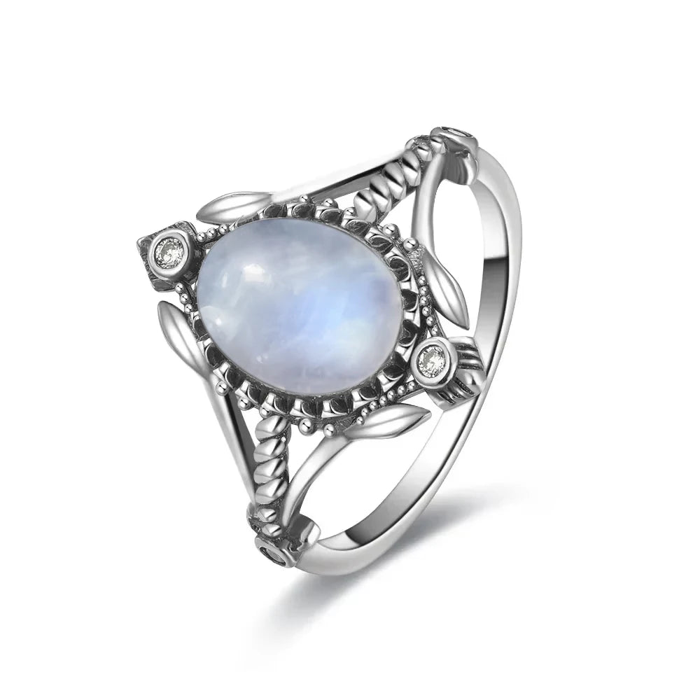 Vintage 925 Silver Ring Natural Moonstone Flower Ring 925 Hollow Eye Shape Round Sun And Moon Ring Fine Jewelry for Women Men