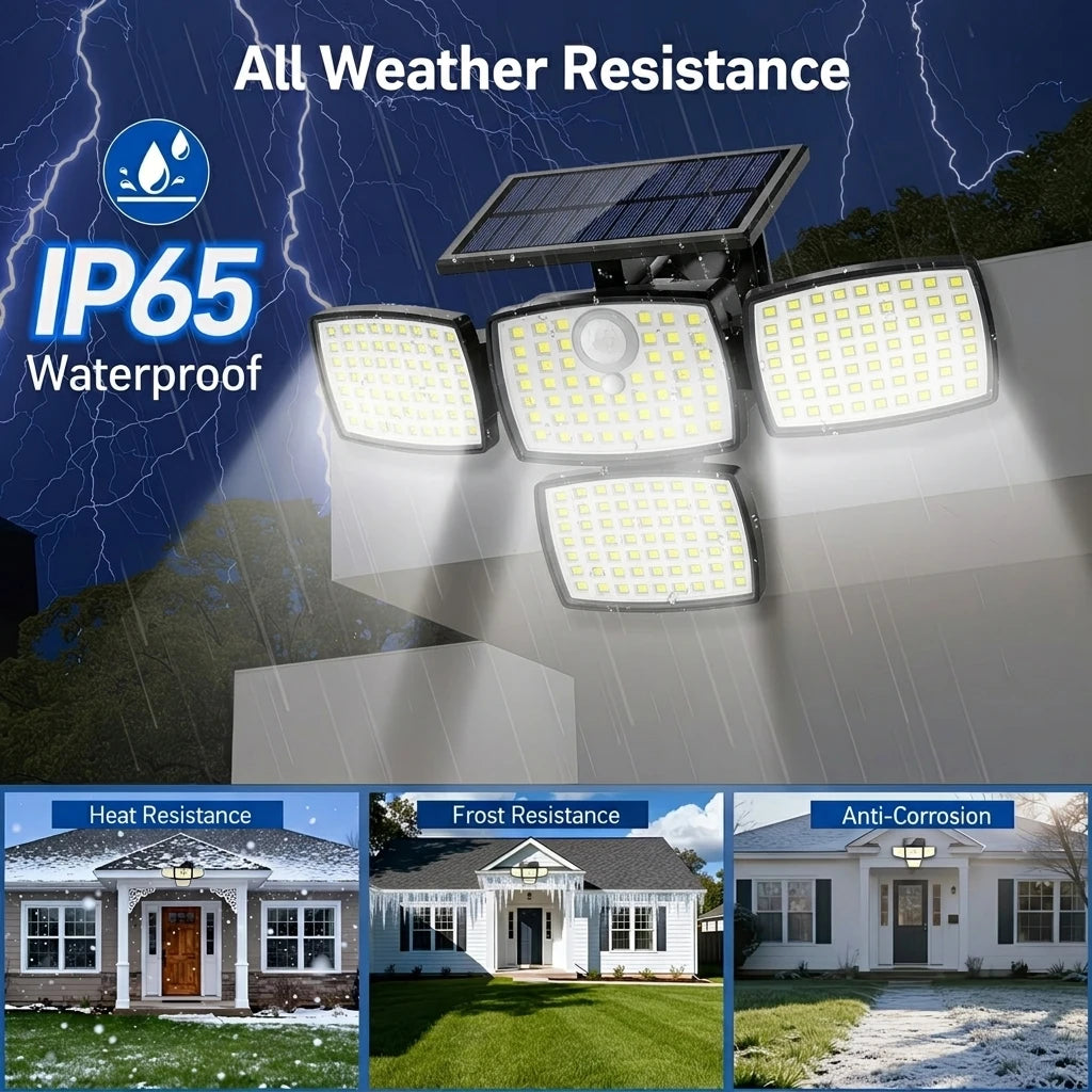 4-Head Solar Motion Sensor Outdoor Light | 360° Wide Angle Security Floodlight