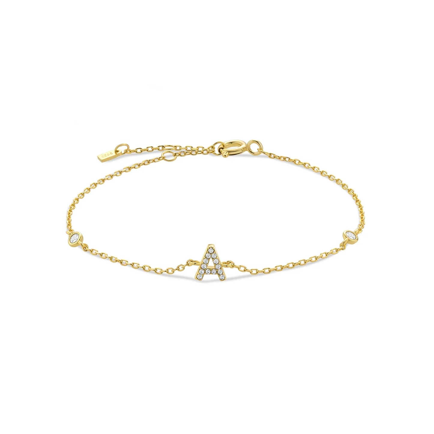 925 Sterling Silver Initial Letter Bracelet Gold CZ Zircon Alphabet Monogram