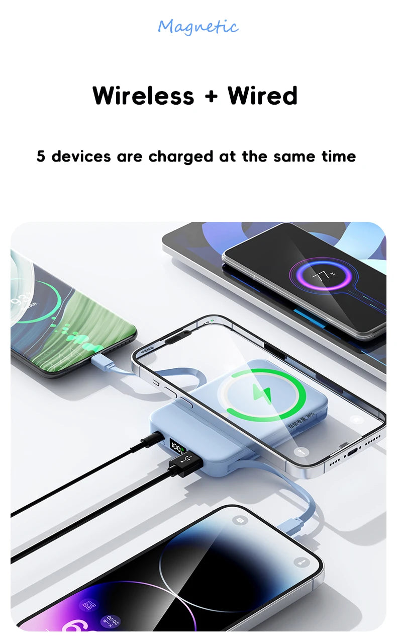 10000mAh Magnetic Wireless Power Bank with Built in Cables and Fast Charging Stand