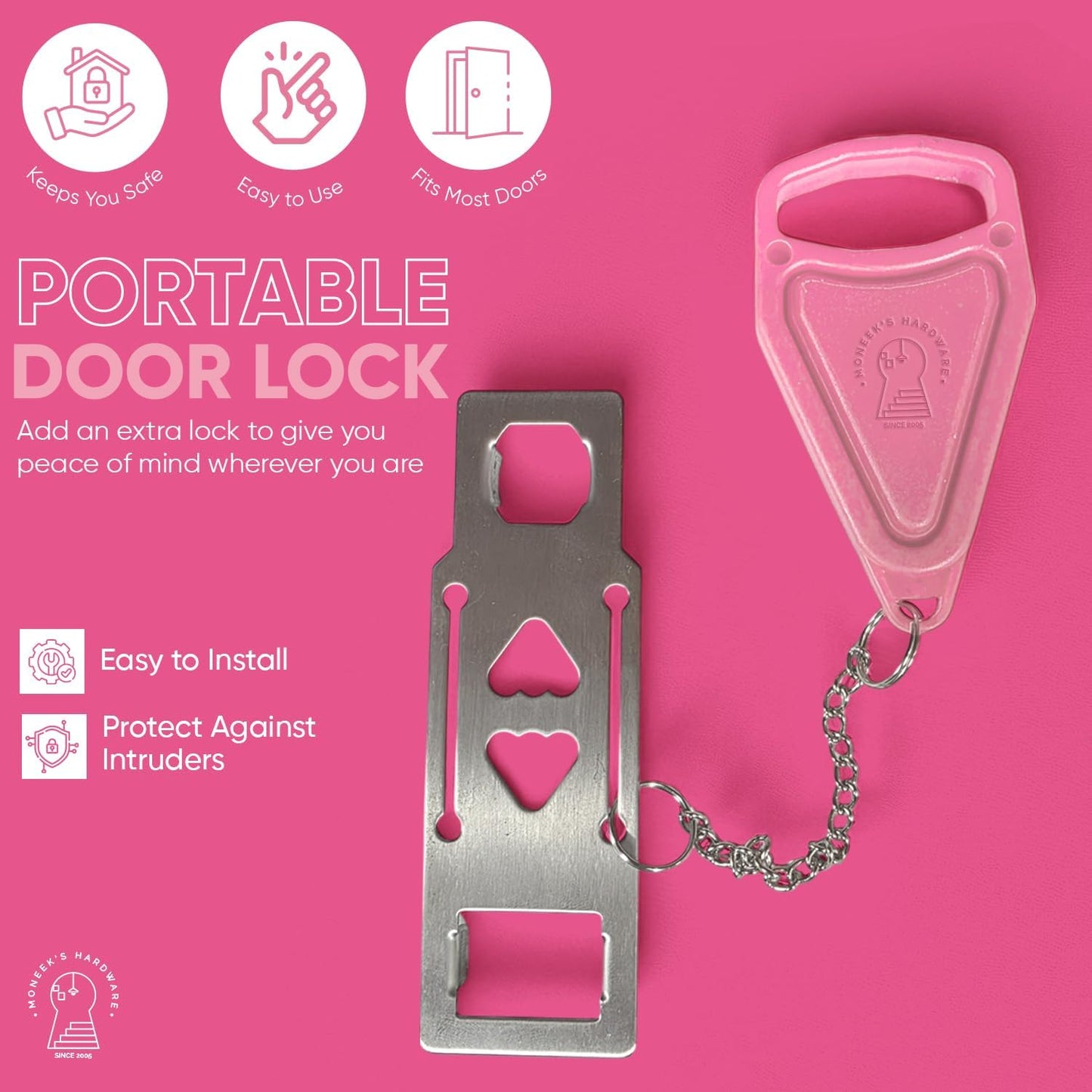 Portable Door Lock Extra Security Essential Safety & Privacy Travel Lockdown, Prevent Entry Stopper, Protect Family While Traveling Home Bedroom Hotel Apartment College (1 Pink)