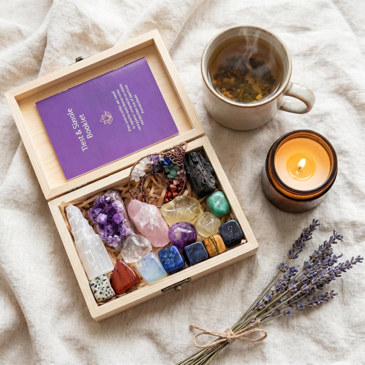 Healing Crystals Set - 16 Real Chakra Crystals & Stones for Stress & Anxiety Relief, Wooden Gift Box + Tree of Life Necklace + Guide Book, Selenite Amethyst Rose Quartz - Gift for Women