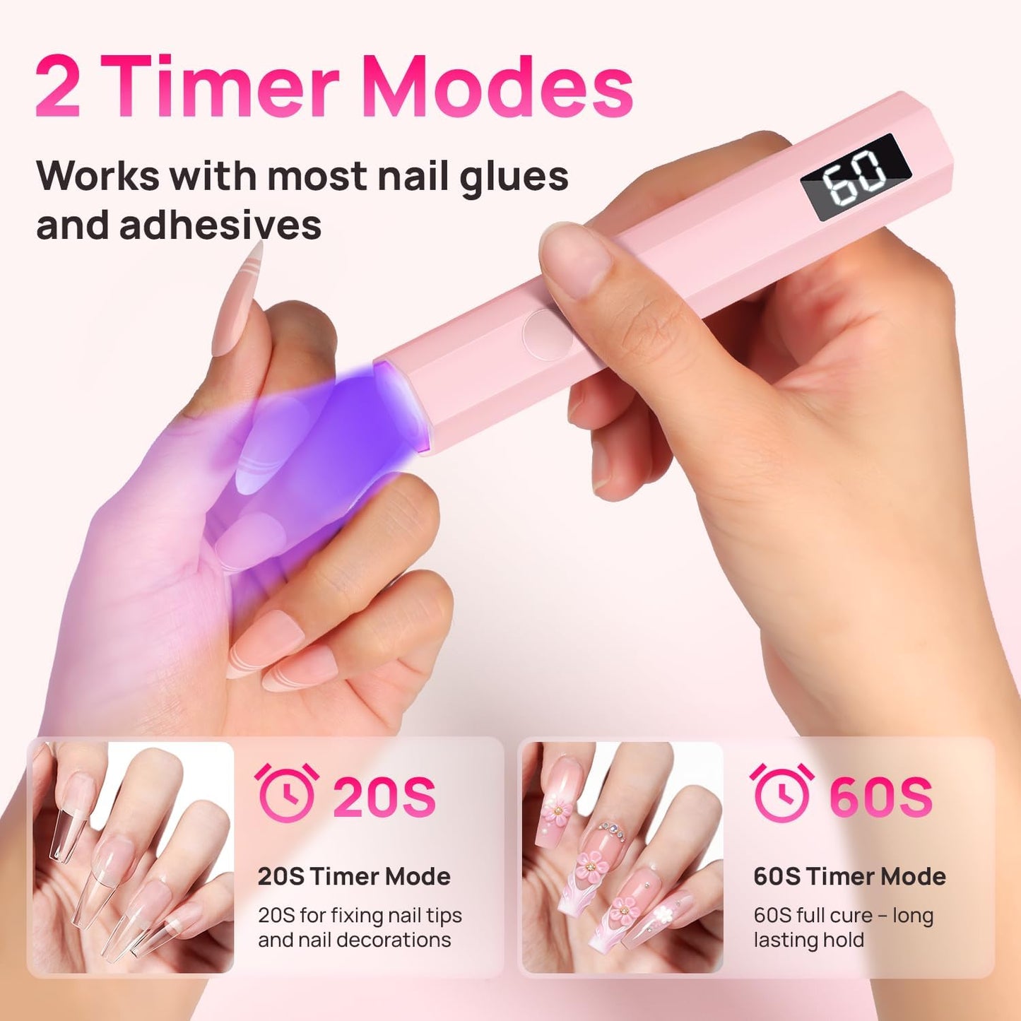 UV Nail Lamp, Handheld with LCD Display & 20/60S Timer,180Mah Rechargeable Nail Lamps for Gel Polish, Home DIY & Salon Use (Pink)