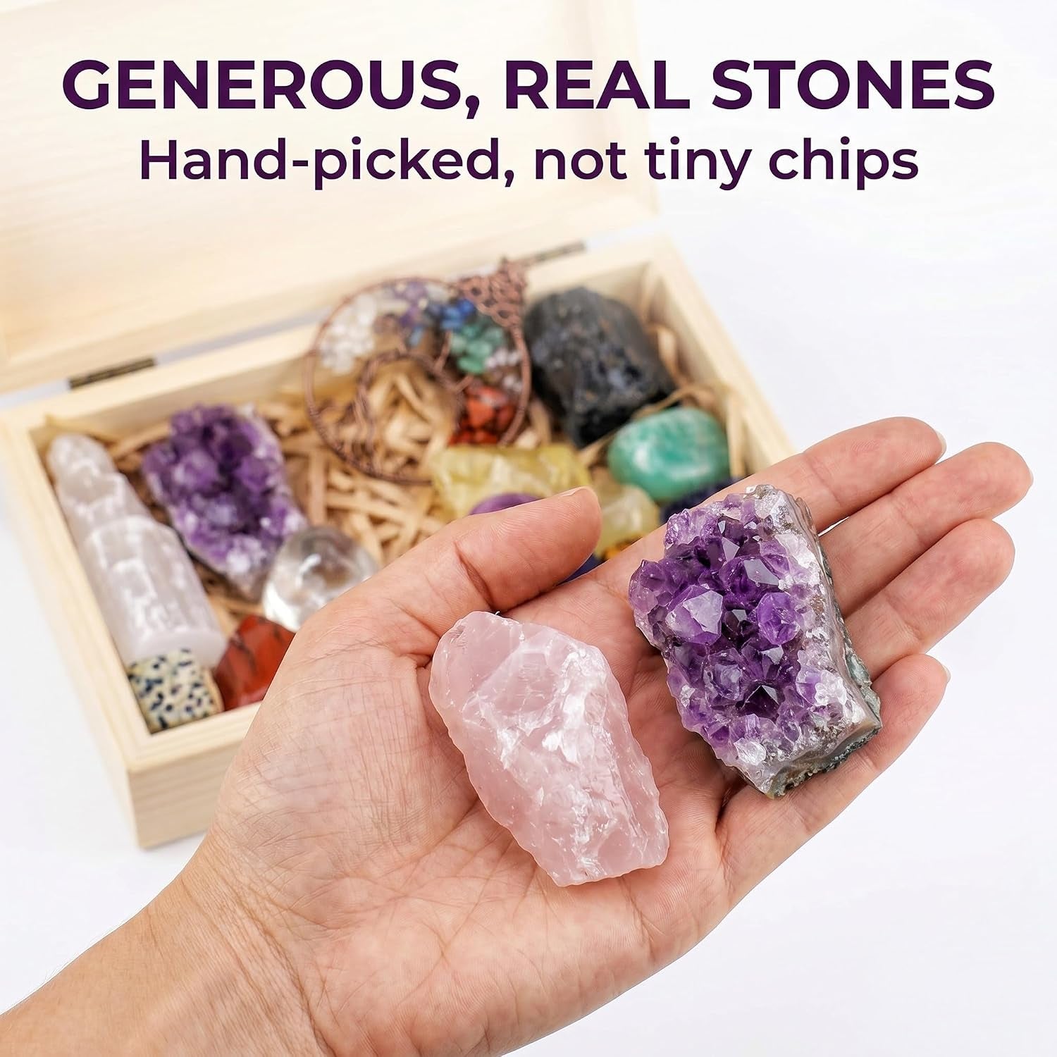Healing Crystals Set - 16 Real Chakra Crystals & Stones for Stress & Anxiety Relief, Wooden Gift Box + Tree of Life Necklace + Guide Book, Selenite Amethyst Rose Quartz - Gift for Women