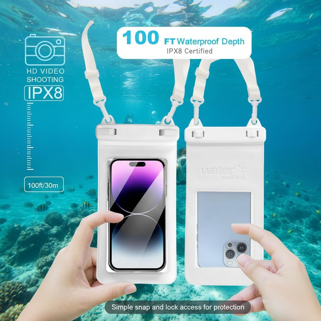 IPX8, 7.4Waterproof Phone Pouch, Universal Fit(Iphone 16 15 14 13 plus Pro, 12 11 Pro, XR X 8 7 6S plus SE, Galaxy S25 S24 S23 S20 Series Pixel, Lanyard Included (White) 1Pack