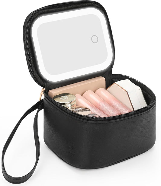 Mini Makeup Bag with Led Mirror, Small Cosmetic Bag with 3 Light Modes, Rechargeable Portable Makeup Pouch with Hands-Free Wrist Strap for Pool Parties丨Work Touch-Ups丨Travel - Black