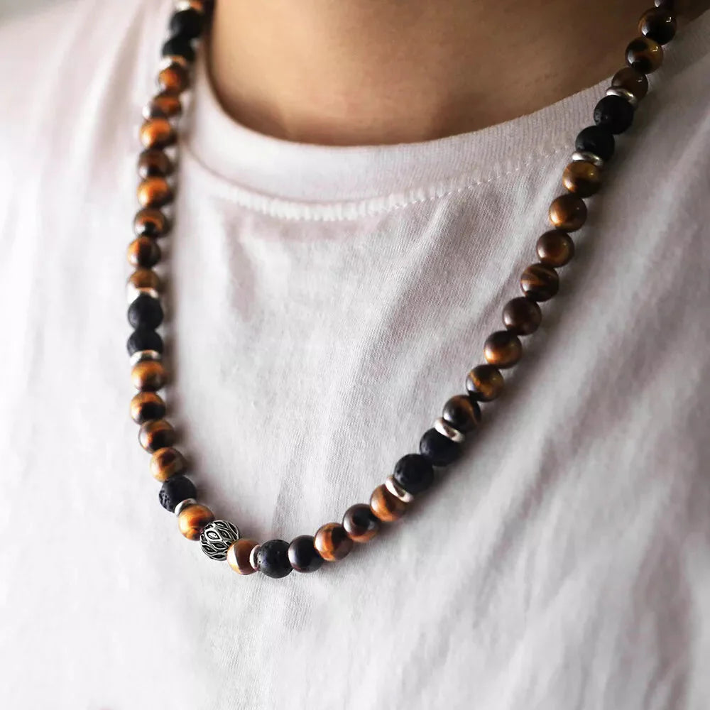Men'S 8Mm Natural Tiger Eye Lava Bead Necklace Stainless Steel Toggle 18/20/24"