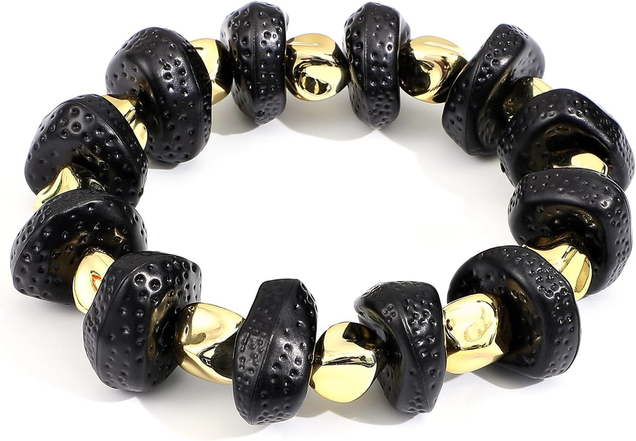 Simple Beaded Gold Plated Bangles Bracelet Chunky Bamboo Tube Curved Stacking Clear Acrylic Colorful Beads Stretchable Gold Plated Bracelets Set for Women