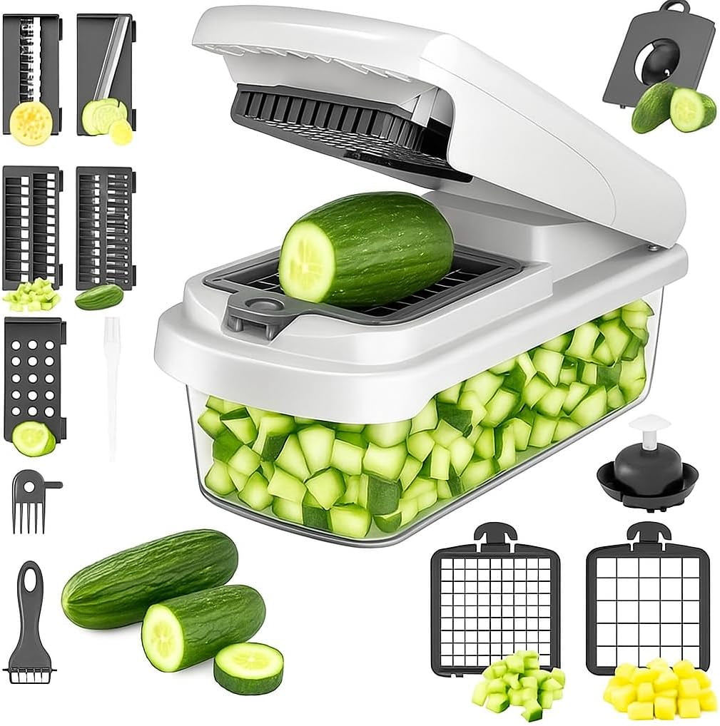 15-In-1 Vegetable Chopper and Mandoline Slicer Set with Container - Multifunctional Vegetable Cutter and Chopper with Dicer Blades, Egg Separator & Spiralizer