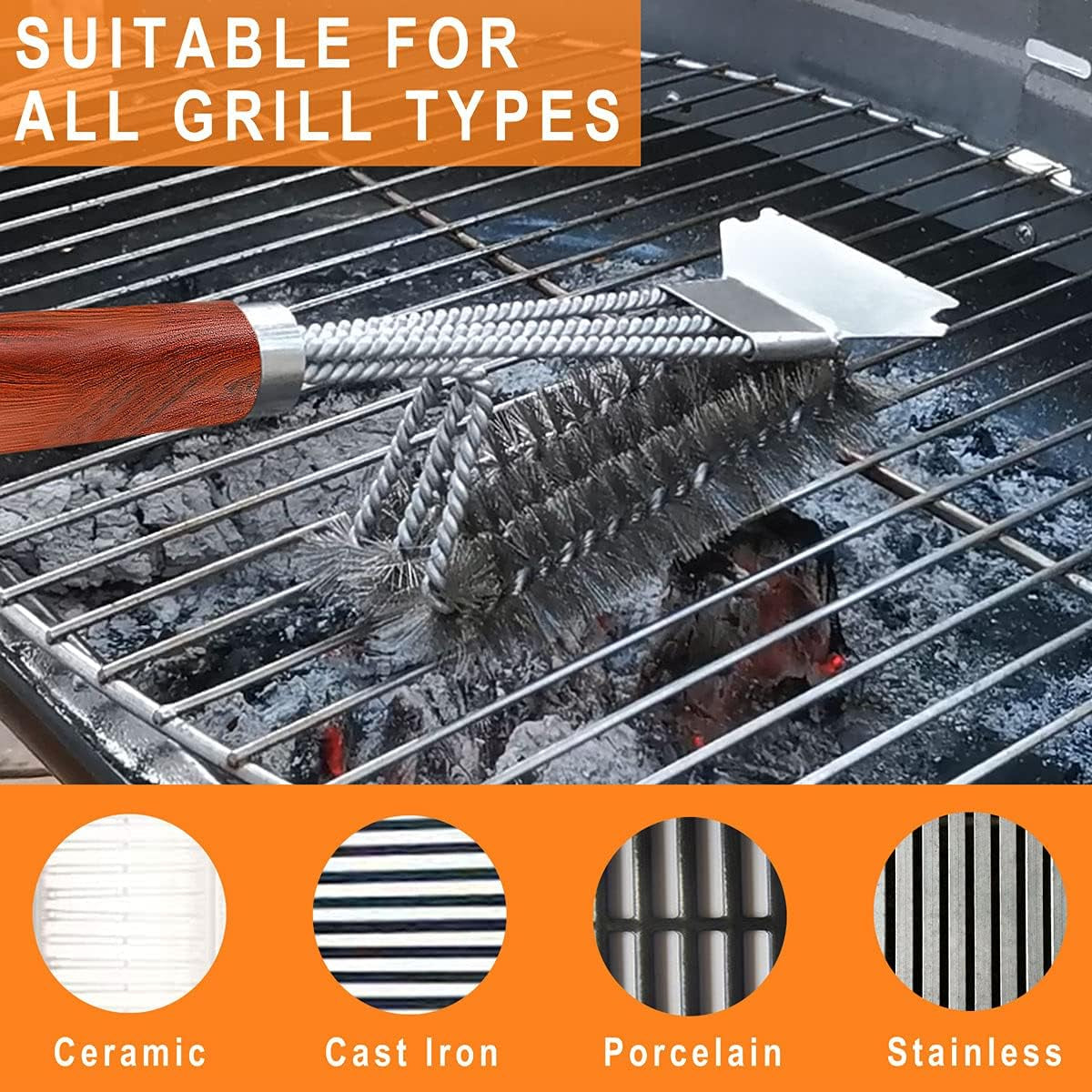 BBQ Brush for Grill Cleaning Safe Grill Brush and Scraper with Deluxe Handle - 18" Grill Cleaner Brush Stainless Steel Bristle Grill Brush for Outdoor Grill Wizard Grate - Ideal Grilling Gifts