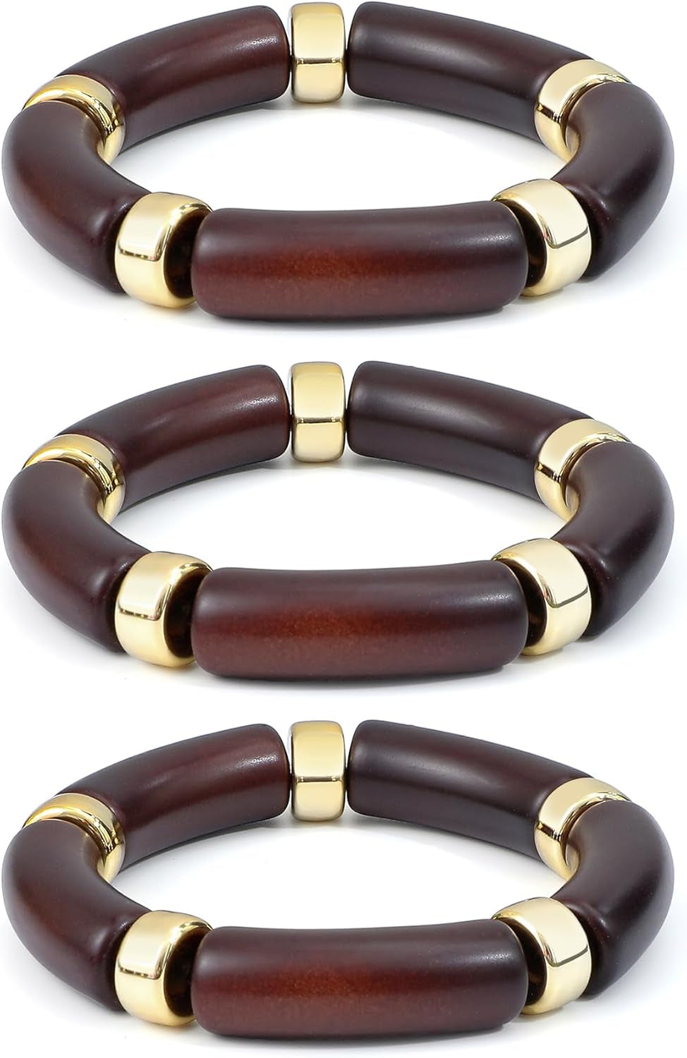 Simple Beaded Gold Plated Bangles Bracelet Chunky Bamboo Tube Curved Stacking Clear Acrylic Colorful Beads Stretchable Gold Plated Bracelets Set for Women