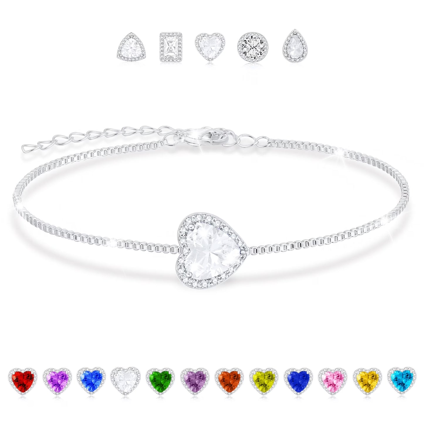 S925 Sterling Silver Plated Love Heart Charm Bracelets for Women Girls April Birthstone Bracelet Birthday Graduation Jewelry Gifts Teen Her Mom Adults Female Wife Kids Age Ideas