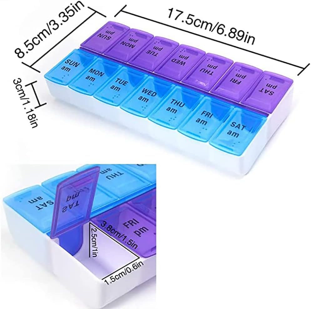 Weekly Pill Organizer 2 Times a Day 7 Day Pill Box Holder Large Daily Medicine Organizer Travel Pill Case Pill Container (2 Times Blue+Purple)