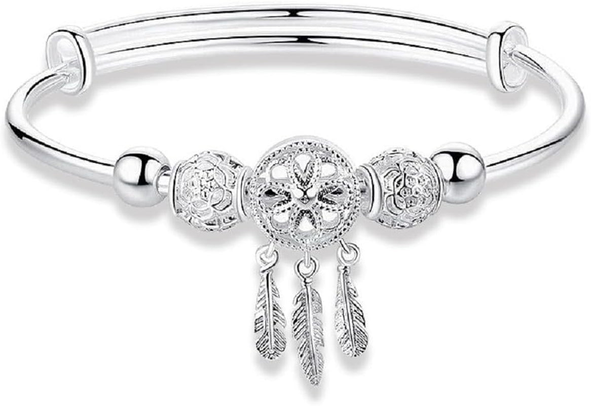 Simple 925 Silver Beads Bangle Bracelet Transfer Feathers Pendant Lucky Beads Cuff Bangle Fashion Charms Feather Leaf Boho Layered Bracelets for Women