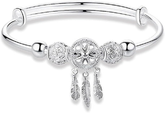 Simple 925 Silver Beads Bangle Bracelet Transfer Feathers Pendant Lucky Beads Cuff Bangle Fashion Charms Feather Leaf Boho Layered Bracelets for Women