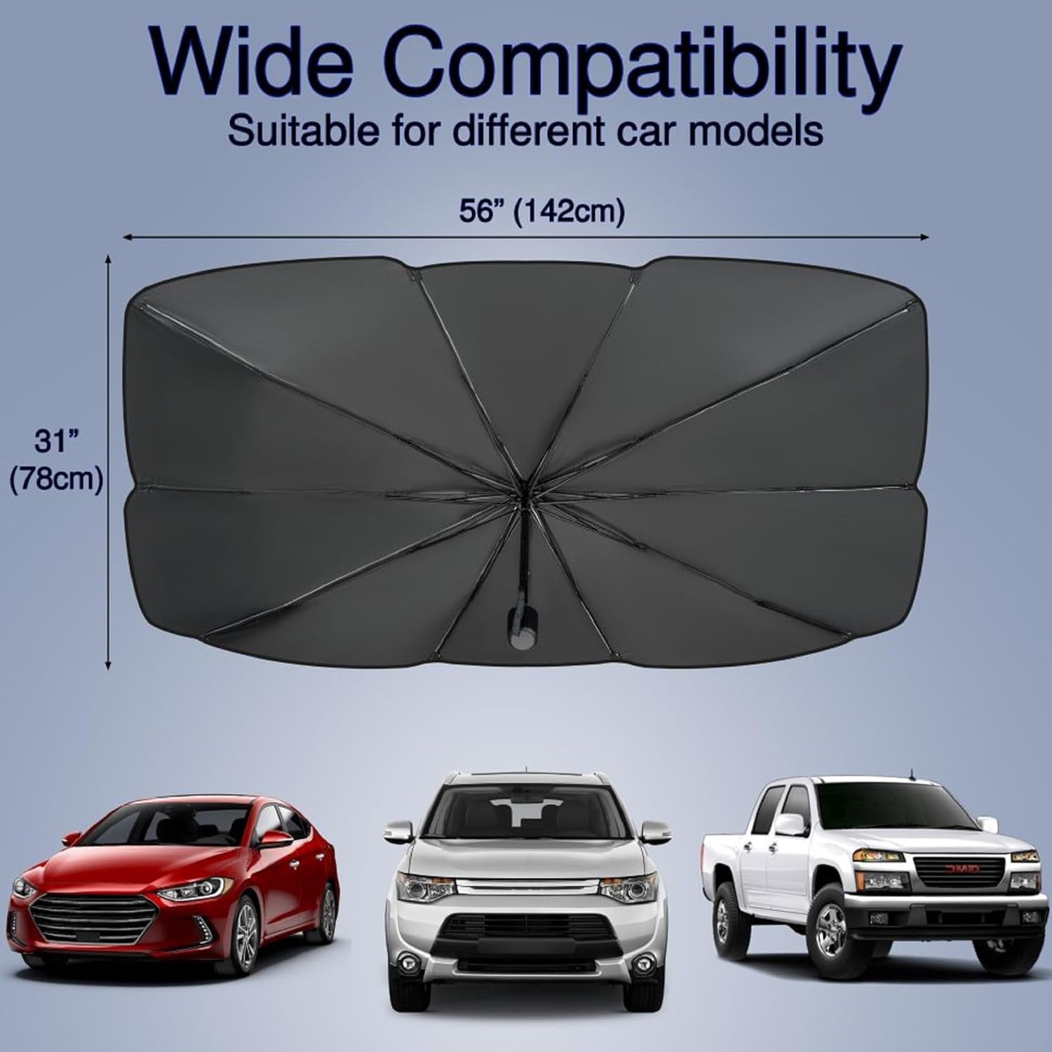 Windshield Sun Shade Foldable Umbrella, Sun Shade for Car Windshield, Car Window Shades [Silver Heat Shield - UV Reflective] Universal Fit Medium (56"X31")