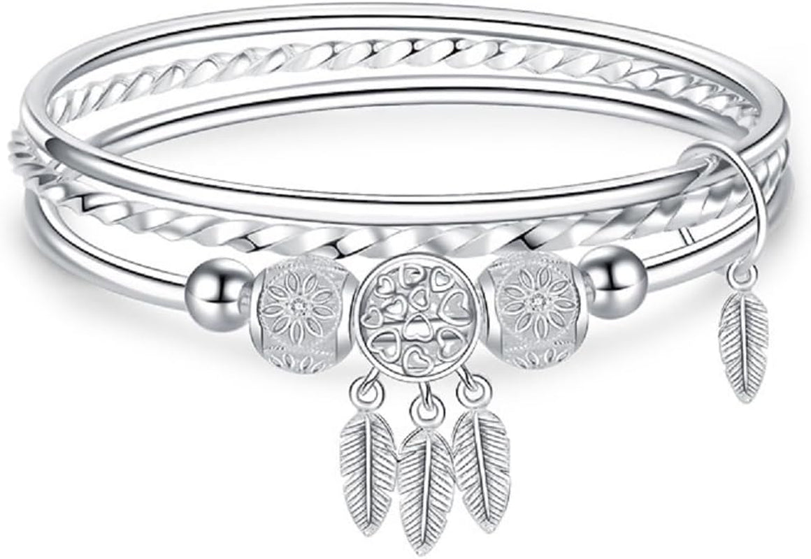 Simple 925 Silver Beads Bangle Bracelet Transfer Feathers Pendant Lucky Beads Cuff Bangle Fashion Charms Feather Leaf Boho Layered Bracelets for Women