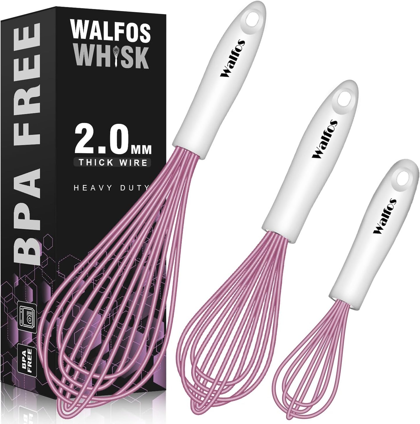 Silicone Whisk,Stainless Steel Wire Whisk Set of 3 -Heat Resistant 480°F Kitchen Whisks for Non-Stick Cookware,Balloon Egg Beater Perfect for Blending,Whisking,Beating,Frothing & Stirring,Black