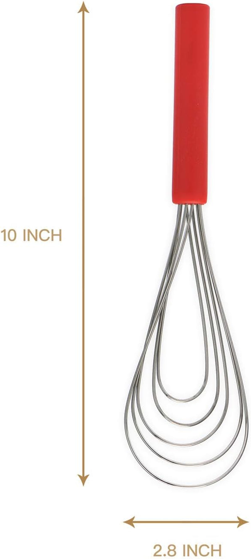 Flat Whisk Silicone Handle Non Slip 10" - 5 Wires Whisk with 10 Heads for Kitchen Cooking Color Red by