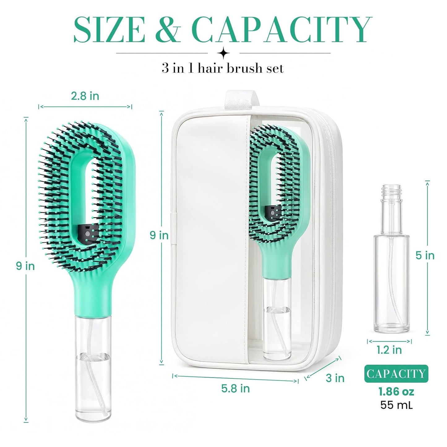 Hair Brush with Water Spray, 2-In-1 Misting Detangler for Wet Dry Curly Hair, Liquid Spraying Styling Tool with Refillable Bottle and Waterproof Storage Bag, Portable Travel Hairbrush Set, Blue