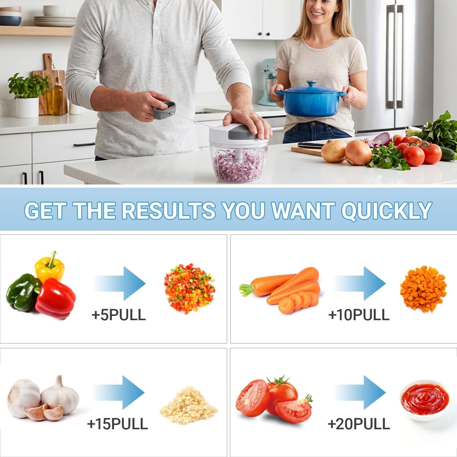 Manual Food Chopper Vegetable Cutter, Pull Chopper with String Garlic Mincer Onion Cutter for Veggies, Ginger, Salad, Fruits, Nuts, Herbs, Etc., 650Ml, Gray