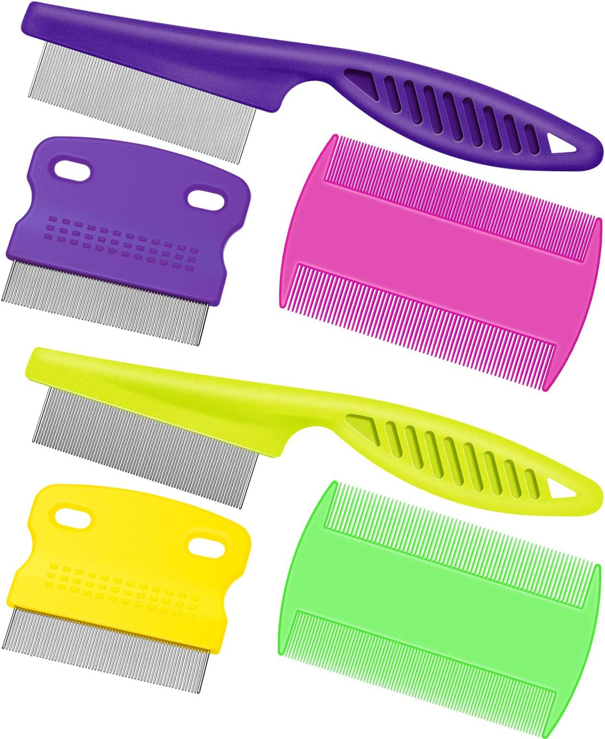 6 Pack Flea Lice Comb Stainless Steel Dog Cat Grooming Combs with Rounded Teeth, Double Sided Pet Tear Stain Remover Dematting Tool for Pets(White, Yellow, Green, Purple, Orange, Dark Blue)