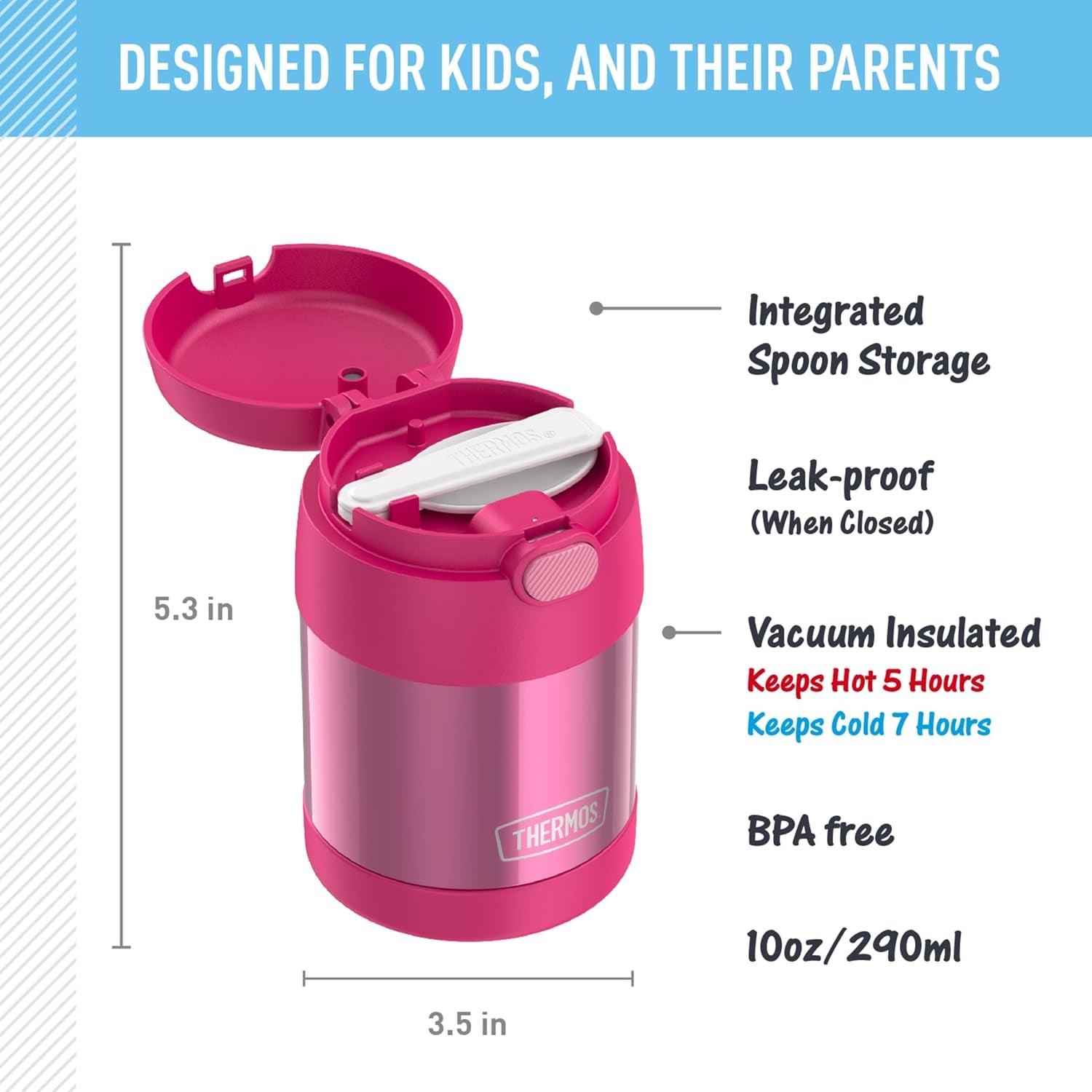 FUNTAINER Insulated Food Jar, 10 Ounce, Kid Friendly Food Jar with Foldable Spoon, Pink