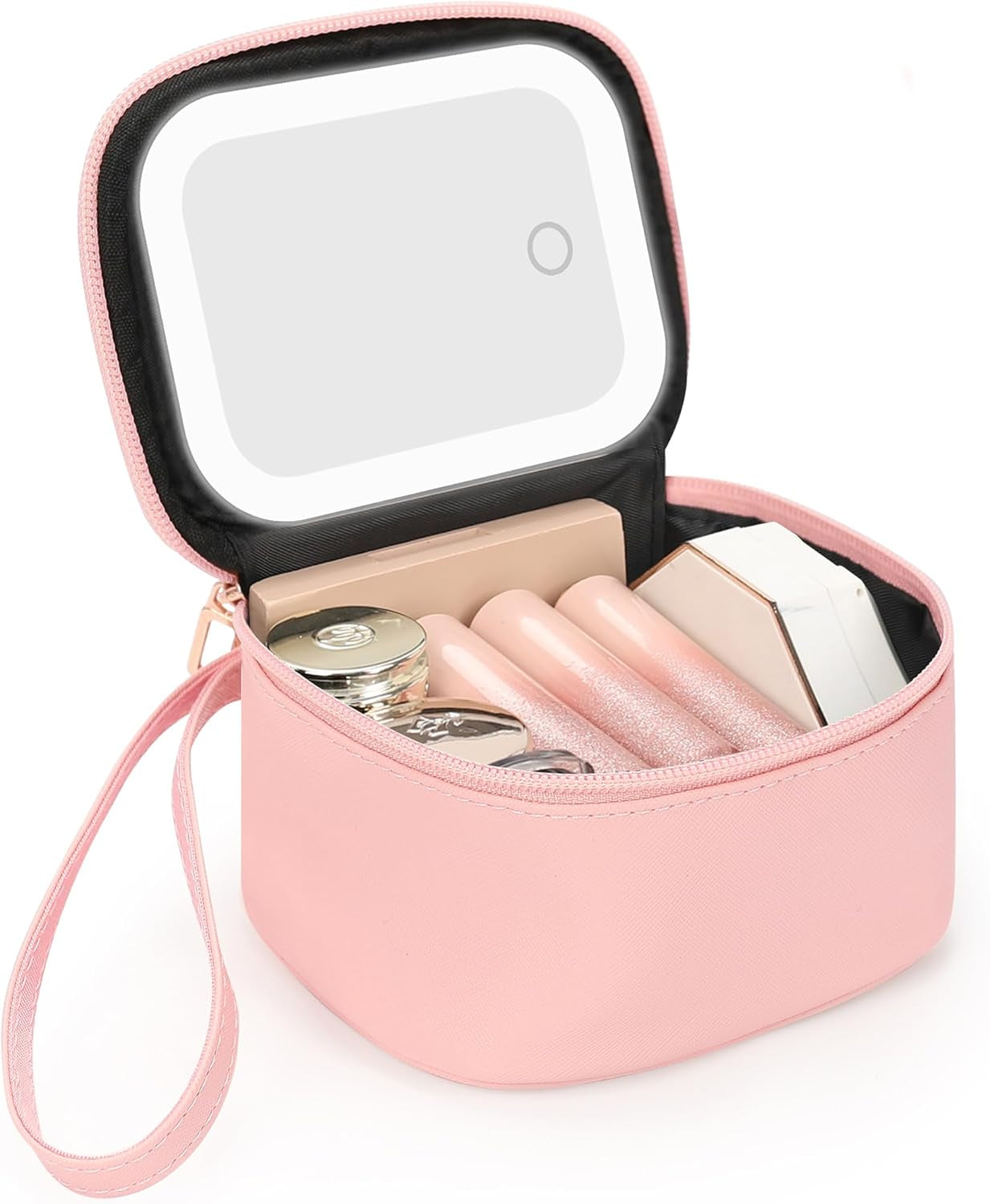 Mini Makeup Bag with Led Mirror, Small Cosmetic Bag with 3 Light Modes, Rechargeable Portable Makeup Pouch with Hands-Free Wrist Strap for Pool Parties丨Work Touch-Ups丨Travel - Black